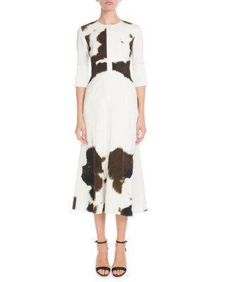 Victoria Beckham + Elbow-Sleeve Cow-Print Midi Dress