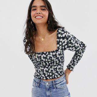 ASOS + Shirred Top With Daisy Floral Print