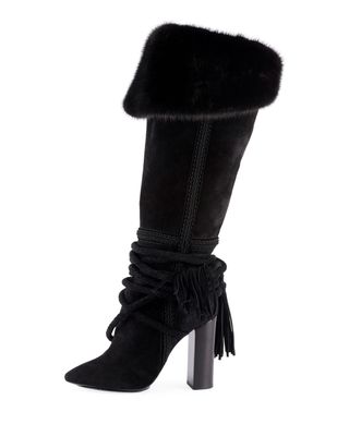 Saint Laurent + Meurice Suede Knee Boots With Fur Collar
