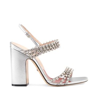 Gucci + Metallic Leather Sandal With Crystals Silver