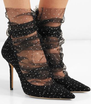 Jimmy Choo + Lavish 100 Glittered Tulle and Suede Pumps