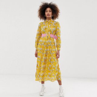 Dream Sister Jane + Belted Midi Dress with Pleated Skirt in Bright Vintage Floral