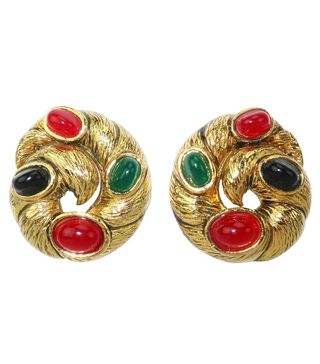 Vintage + Gold Tone Cabochon Clip-On Earrings