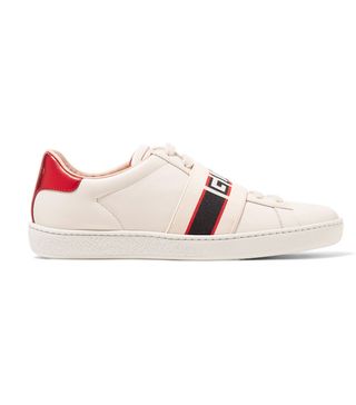 Gucci + Ace Jacquard-Trimmed Logo-Embossed Leather Sneakers