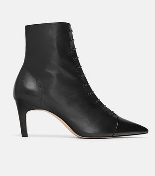 Zara + Leather Lace-Up Mid-Heel Ankle Boots