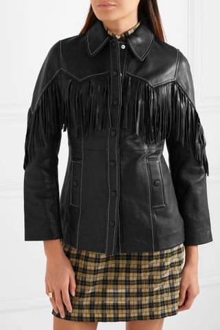 Ganni + Angela Fringed Textured-Leather Jacket