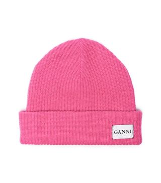 Ganni + Pink Knitted Logo Beanie