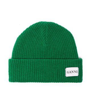 Ganni + Green Knit Logo Beanie