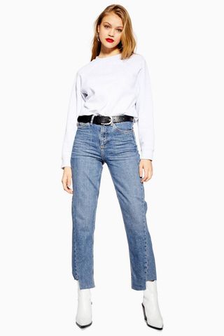 Topshop + Mid Stone Twist Hem Straight Leg Jeans