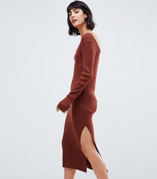 ASOS Design + Knit Rib Midi Dress With Asymmetric Neck
