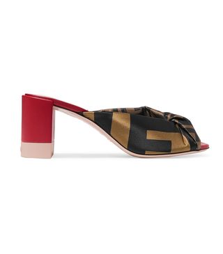 Fendi + Knotted Logo-Print Satin and Leather Mules