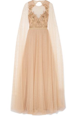 Marchesa Notte + Cape-Effect Embellished Glittered Tulle Gown