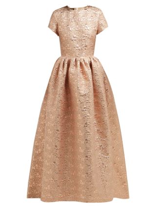 Rochas + Gathered Floral-Brocade Gown
