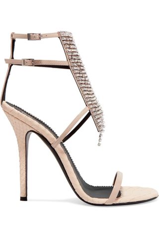 Giuseppe Zanotti + Alien Crystal-Embellished Python-Effect and Patent-Leather Sandals
