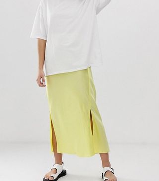 ASOS Design + Bias Cut Satin Midi skirt With Splits