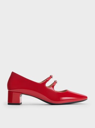 Charles & Keith + Red Double Crystal-Buckle Mary Jane Pumps