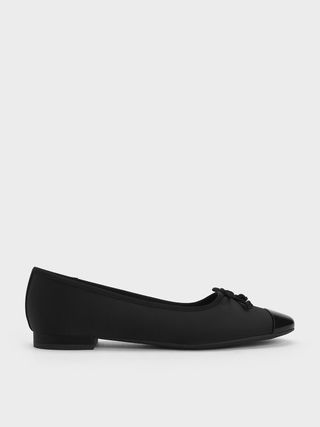 Charles & Keith + Black Textured Recycled Polyester Bow Ballet Flats