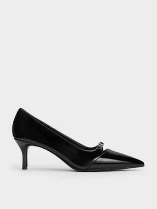 Charles & Keith + Black Patent Buckle-Strap Pointed-Toe Pumps
