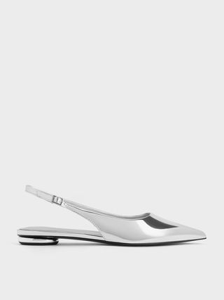 Charles & Keith + Silver Metallic Pointed-Toe Slingback Flats