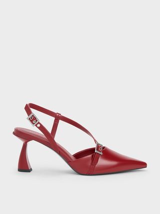 Charles & Keith + Red Asymmetric Curved Heel Slingback Pumps