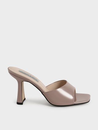 Charles & Keith + Taupe Patent Square Toe Heeled Mules
