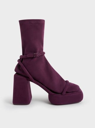 Charles & Keith + Burgundy Lucile Textured Platform Calf Boots