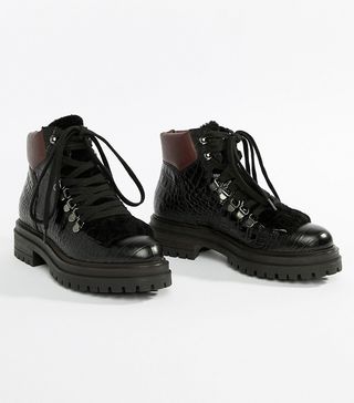 Kurt Geiger + Regent Black Printed Leather Croc Effect Flat Lace-Up Ankle Boots