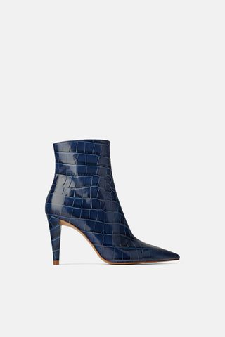 Zara + Snakeskin Print Heeled Leather Ankle Boots