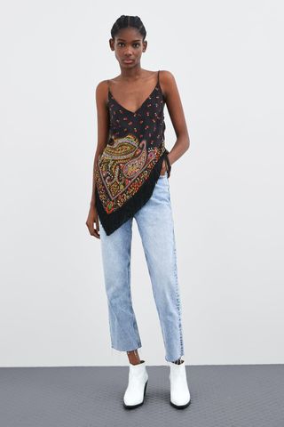 Zara + Printed Top With Fringe