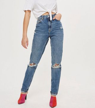 Topshop + Tall Mid Blue Ripped Mom Jeans