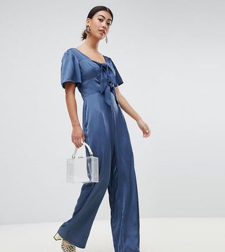 Lost Ink Petite + Jumpsuit With Scoop Neck And Bow Front