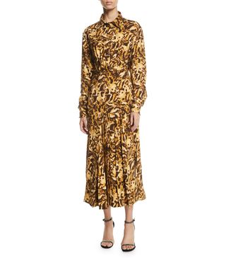 Victoria Beckham + Long-Sleeve Button-Front Pleated-Skirt Leopard-Print Midi Dress