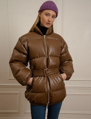 Pixie Market + Brown Leather Belted Puffy Jacket