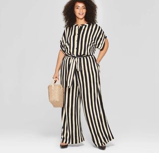 Who What Wear x Target + Striped Short Sleeve Belted Wide Leg Jumpsuit