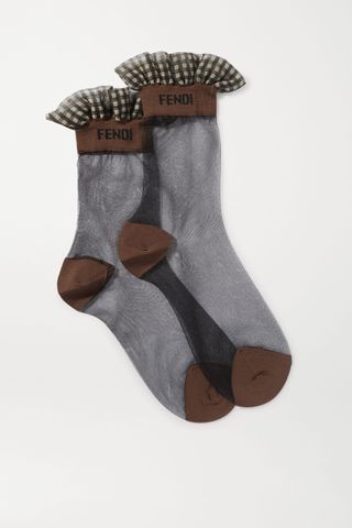 Fendi + Ruffled Gingham-Trimmed Stretch-Tulle Socks