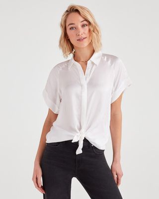 7 for All Mankind + Tie Front Short Sleeve Shirt in Soft White