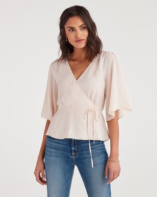 7 for All Mankind + Wrap Front Short Sleeve Top in Pink Sunrise