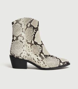 Pull&Bear + White Leather Snakeskin Print Cowboy Ankle Boots