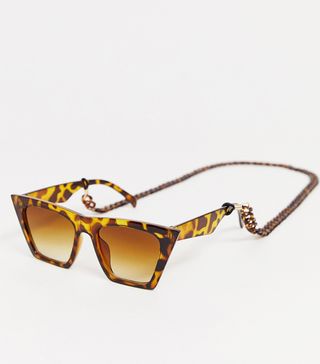 Glamorous + Tortoiseshell Oversized Sunglasses With Plastic Chain