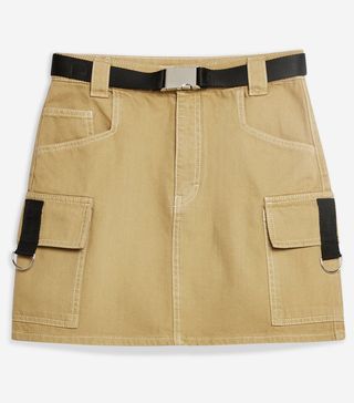 Topshop + Tan Clip Buckle Denim Skirt