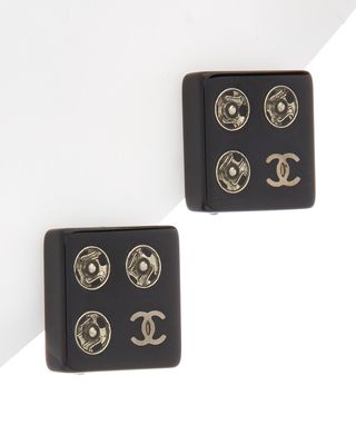 Chanel + Silver-Tone & Black Square Earrings