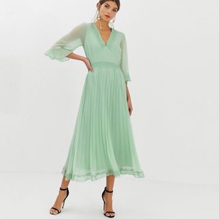 ASOS + Pleated Midi Dress With Lace