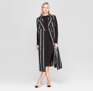 Who What Wear x Target + Sleeveless Striped Button Detailed Belted Draped Trench