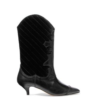 Ganni + Adel Leather and Quilted Velvet Knee Boots