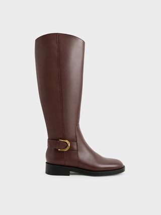 Charles & Keith + Brown Gabine Buckled Leather Knee-High Boots