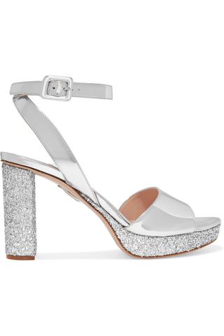 Miu Miu + Glittered Mirrored-Leather Platform Sandals