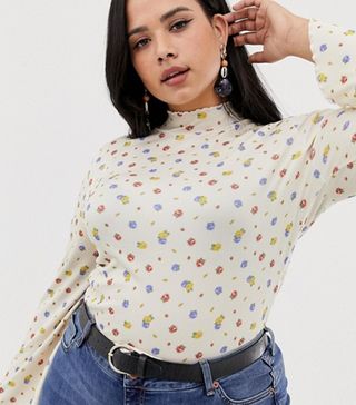 ASOS Design + Top in Rib with Wide Sleeve in Ditsy Print