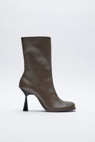 Zara + Heeled Leather Round Toe Ankle Boots