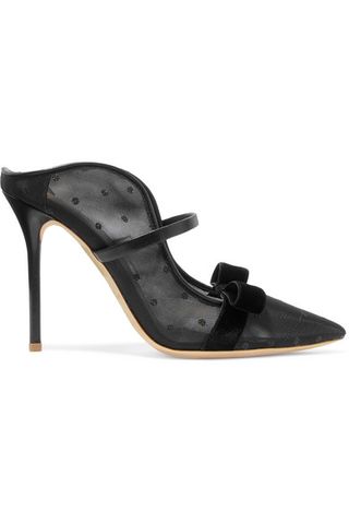 Malone Souliers + Marguerite 100 Velvet and Leather-Trimmed Mesh Mules