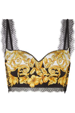 Versace + Lace-Trimmed Printed Silk-Twill Bustier Top